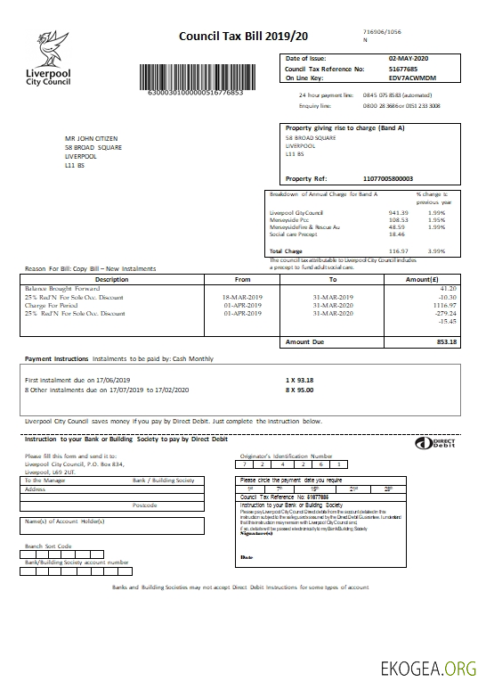 United Kingdom Liverpool City Council tax bill template in Word format